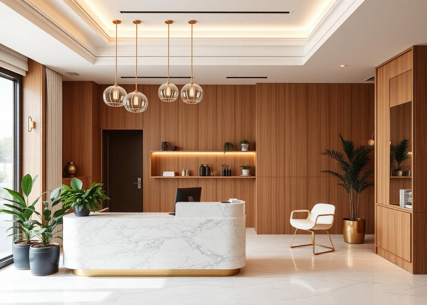 Modern salon reception with marble desk and warm lighting
