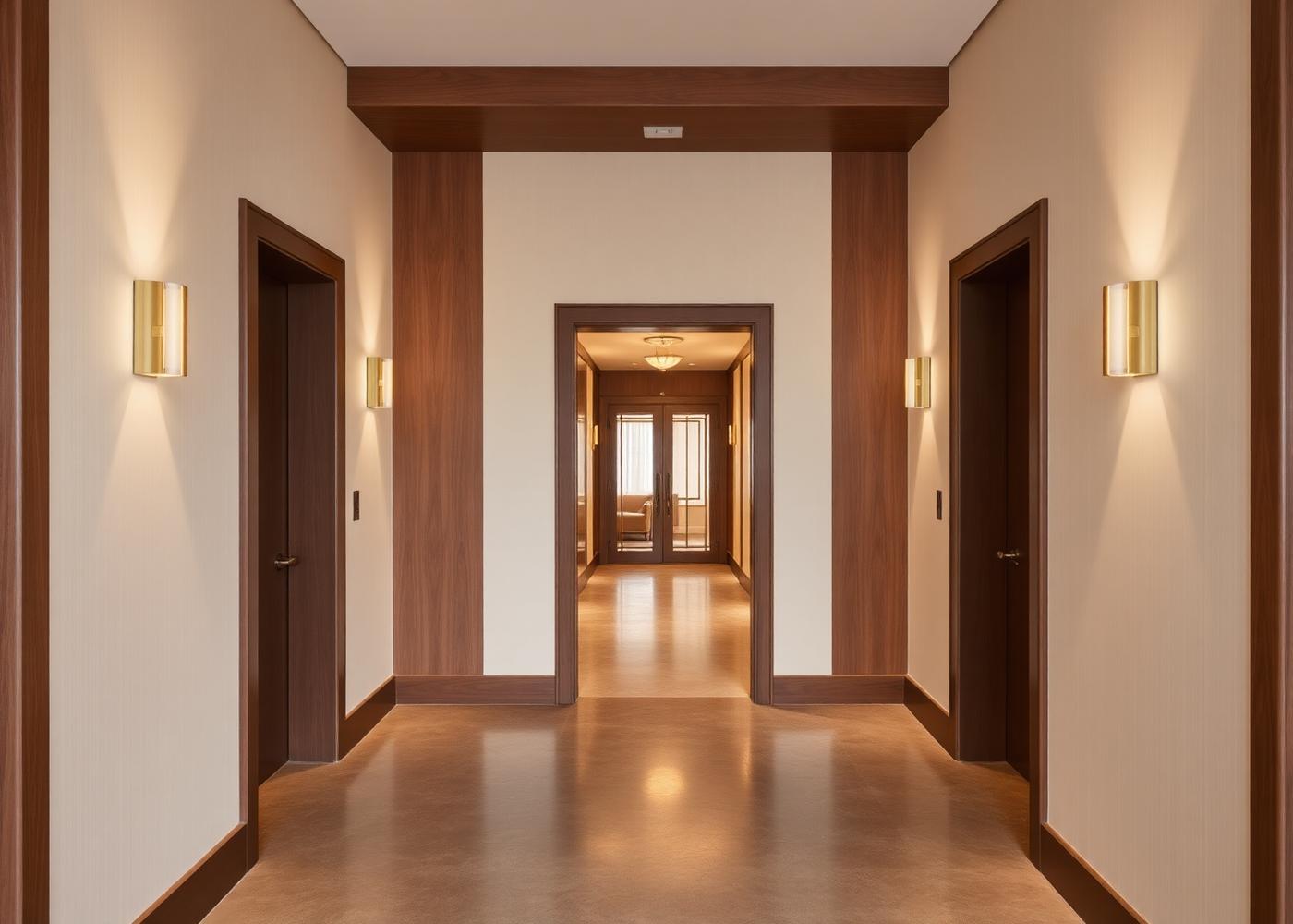 Hallway of private salon suites with warm lighting